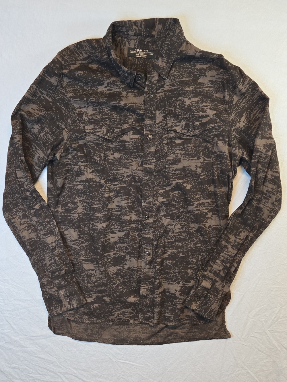 AllSaints Black & Grey Speckle Button Down Long Sleeve Casual Dress Shirt
